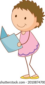 A doodle kid reading a book cartoon character isolated illustration
