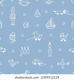 Doodle Kid Toy Seamless Pattern. Cute Various Wooden Toys. Baby Blue Background. Childish wallpaper. Childhood. Vector illustration