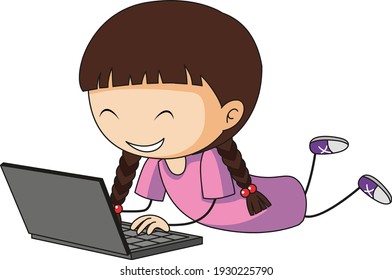 A doodle kid using laptop cartoon character isolated illustration