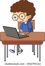 A doodle kid using laptop cartoon character isolated illustration