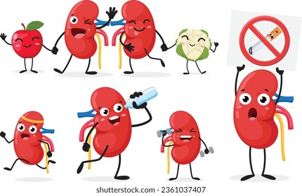 doodle kidney cartoon character, with different healthy activities 