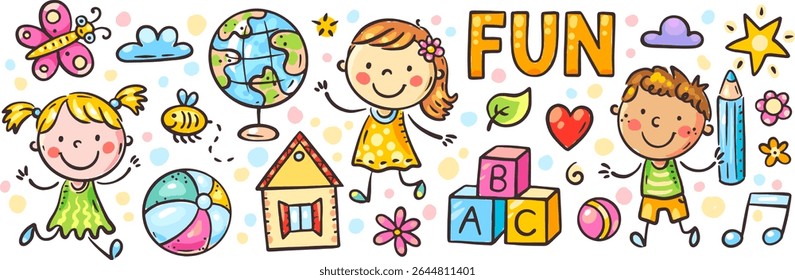 Doodle kids border. Happy children with books, rainbow and ABC. Colorful playtime clipart