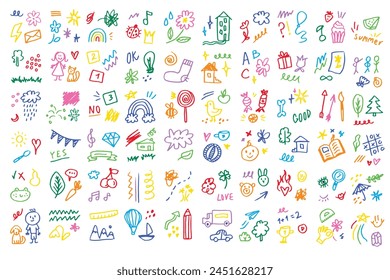 Doodle kids color set. Hand drawn simple decorative elements. Various icons, hearts, stars, lines. Vector illustration