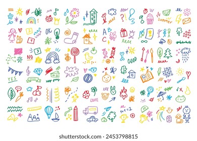 Doodle kids color set. Hand drawn simple decorative elements. Various icons, hearts, stars, lines. Vector illustration