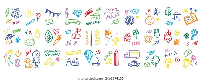 Juego de colores para niños Doodle. Elementos decorativos simples dibujados a mano. Varios iconos, corazones, estrellas, líneas. Ilustración vectorial