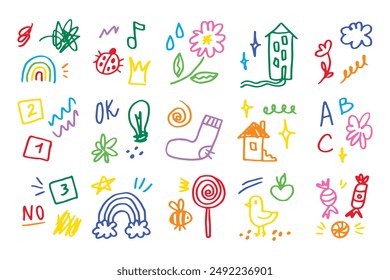Doodle kids color set. Hand drawn simple decorative elements. Various icons, hearts, stars, lines. Vector illustration