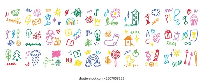 Doodle kids color set. Hand drawn simple decorative elements. Various icons, hearts, stars, lines. Vector illustration