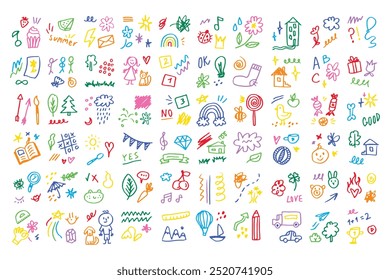 Doodle kids color set. Hand drawn simple decorative elements. Various icons, hearts, stars, lines. Vector illustration