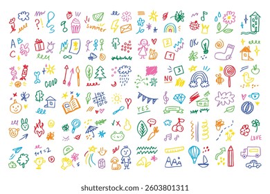 Doodle kids color set. Hand drawn simple decorative elements. Various icons, hearts, stars, lines. Vector illustration