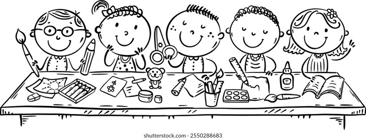 Doodle kids crafting together at the table, kids creative activities, funny cartoon kids cooperation, children hobby. Black and white vector illustration