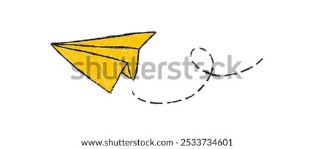 Doodle kids drawing. flying yellow paper airplanes. isolated on white background. vector illustration