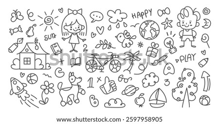 Doodle kids drawings. Hand drawn cute child pencils pictures about kid life, home, pets, dreams. Sketch black and white pastel painting illustration. Childish vector collection.