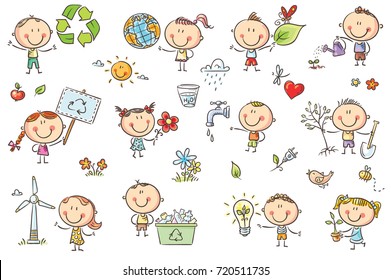 Doodle kids with ecology concepts - green energy, recycling, environment conservation, healthy lifestyle. No gradients used, easy to print and edit. Vector files can be scaled to any size.