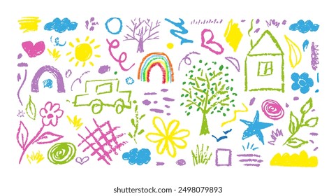 Doodle Kids Flowers, Cloud, Squiggles, Heart, Tree, Sun, Rainbow Hand Drawn With Charcoal Pencil Different Colors. Vector Illustration Of Children's Drawings With Chalk, Strokes, House, Plants, Grass.