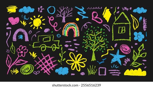 Doodle Kids Flowers, Cloud, Squiggles, Heart, Tree, Sun, Rainbow Hand Drawn With Charcoal Pencil Different Colors. Children's Drawings With Chalk, Strokes, House, Plants, Grass on Black Background.