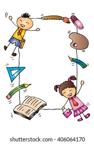 Doodle kids Frame with  school icons