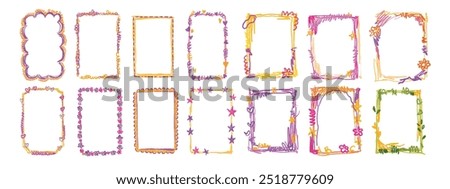Doodle kids frame set, hand drawn school scribble border, vector album photo decoration crayon line. Cute color pencil blank rectangle wavy texture greeting collage card. Kids frame print collection
