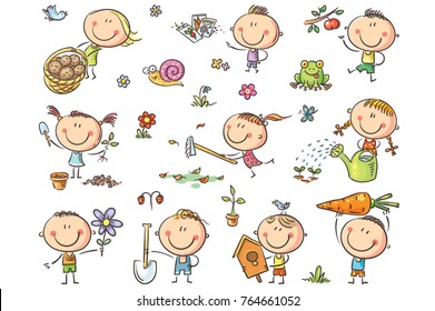 Doodle kids in the garden  watering  planting   gathering harvest  No gradients used  easy to print   edit  Vector files can be scaled to any size 