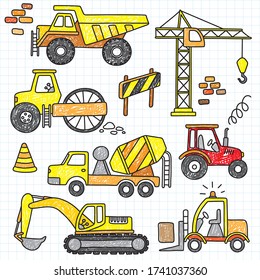 doodle kids hand drawn construction trucks icon set