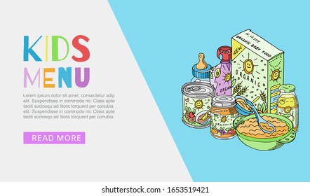 Doodle kids menu and baby food blue web banner vector illustration. Newborn and kids menu including drinks, porridges, puree and desserts, milk bottle and juice healthy nutrition.