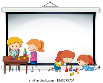 Dibujo de niños de Doodle en la ilustración de la pantalla del proyector