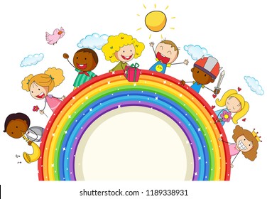 Doodle kids on the rainbow illustration