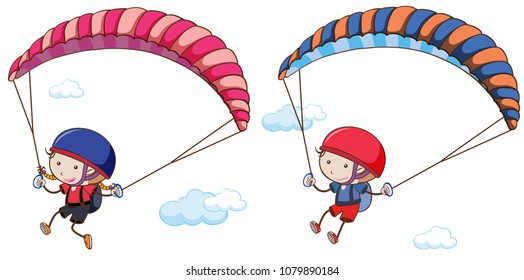 Doodle Kids Parachute On Sky Illustration