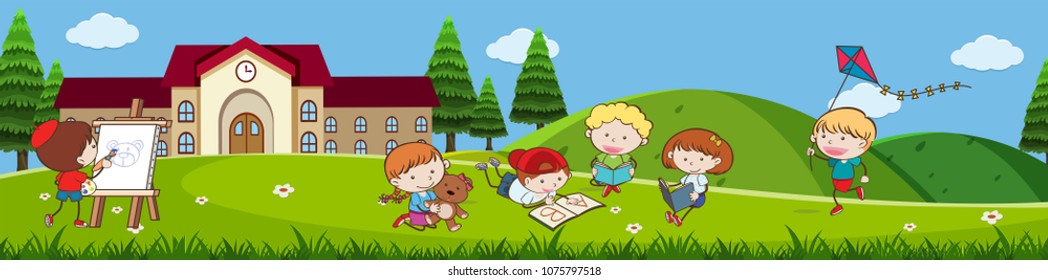 Doodle Kids Playing in front of School illustration