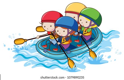 Doodle Kids Rafting on White Background illustration