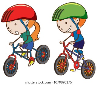 Doodle Kids Riding Bicycle on White Background illustration