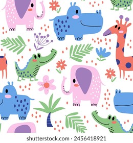 Doodle kids seamless pattern with tropical animals and plants. Giraffe, hippopotamus, crocodile and elephant on a white background. Vector illustration. Can be used for wallpaper and fabric design.