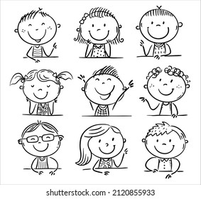 Doodle kids set - happy children heads, cartoon characters