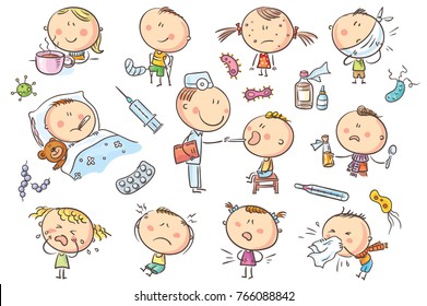 Doodle kids suffering from different illnesses like flu or headache.