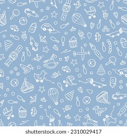 Doodle Kids Toys Seamless Pattern. Cute Various Plastic and Wooden Toy. Baby Blue Background. Childish wallpaper. Childhood. Vector illustration