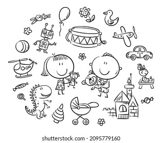 Doodle kids with toys set, hand drawing coloring page