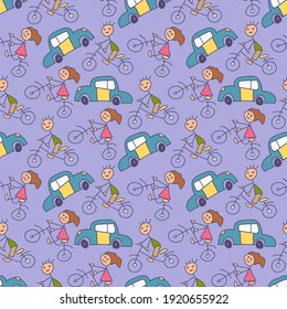 doodle Kinder Transport Muster mit Fahrrad Auto Element. süße handgezeichnete Kinderwagen-Doodle-Set