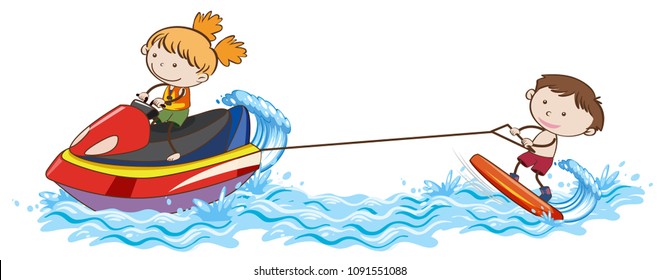 Doodle Kids Wakeboarding at the Ocean illustration