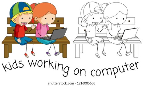 Doodle kids working on computer illustration