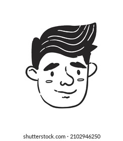 Doodle kind guy. Man with stylish hairstyle smiling, social media avatars, youthfulness and style. Cool character and charming guy. Cartoon flat vector illustration isolated on white background