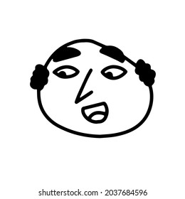 Doodle Kind Man face. Hand-drawn outline human isolated on white background. Funny smile Avatar. Cartoon happy man. Coloring page. Male laughing portrait. Eyebrows, calvity. Vector sketch illustration