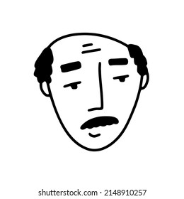Doodle Kind Man face. Hand-drawn outline human isolated on white background. Funny smile Avatar. Cartoon old man. Coloring page. Male cute portrait. Mustaches, calvity. Vector sketch illustration