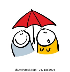 Doodle kind  man holds an umbrella over  woman. Vector cartoon illustration of a gentleman. Funny hand drawn guy protects  girl from the rain. Isolated stick figure persons on white background.