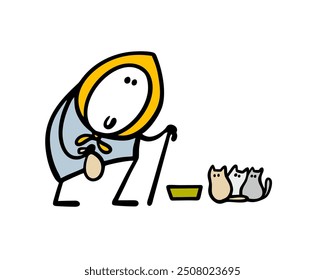 Doodle amable anciana alimenta gatitos callejeros. Ilustración vectorial de una mujer sosteniendo una bolsita de comida, un cuenco y gatos Pequeños. Cuidar animales. Persona aislada sobre fondo blanco.