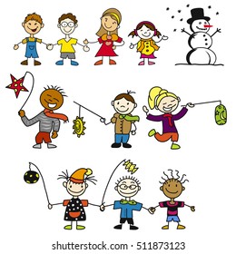 Doodle Kindergarten Kids with Latern, Mother and Snowman, Hand-drawn Vector Sketches, Colored Artwork