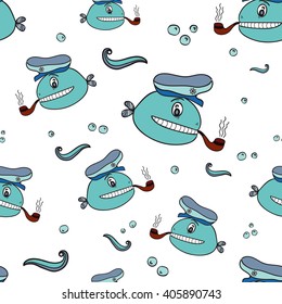 Doodle kit with a tube in the captain's cap, seamless texture, waves and bubbles, blue dark blue tone on a white background