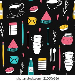 Doodle kitchen background with small illustrated elements. Cute vector seamless pattern