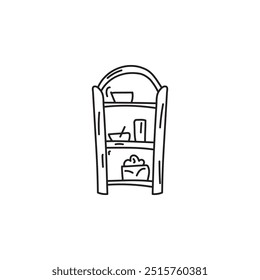 Doodle of a kitchen cabinet with shelves and items, for website or app