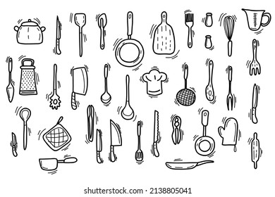 Doodle kitchen cooking. Sketch utensils cooking. Kitchen tools utensils. Hand drawn vector illustration isolated on white background.