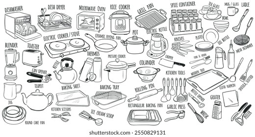 Doodle Kitchen Equipment Set Vector Hand Drawn