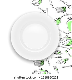 Doodle kitchen equipments and realistic white plate for your design. space for text